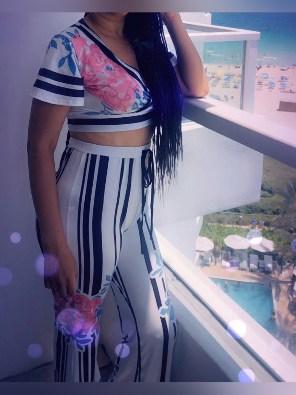T Party Fashion White Striped Wide-Leg Jumpsuit Set with Pink Floral